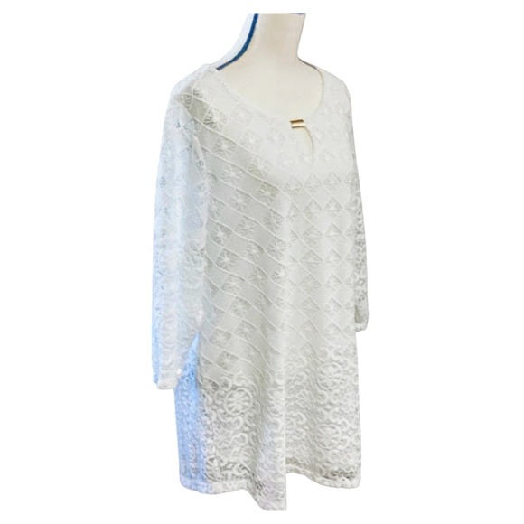 JM Collection Crochet Lace 3/4 Sleeve Keyhole Double Layered Tunic Top White  XL - Picture 2 of 10